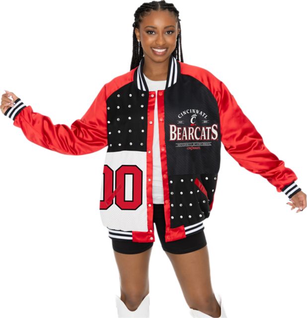 University of Cincinnati Women's Mixed Media Throwback Varsity Bomber Jacket with Rhinestone Inserts
