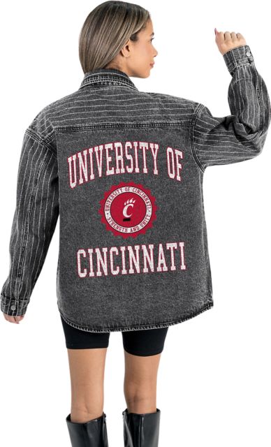University of Cincinnati Women's Micro-Rhinestone Stripe Washed Denim Overshirt with Button-Down Front